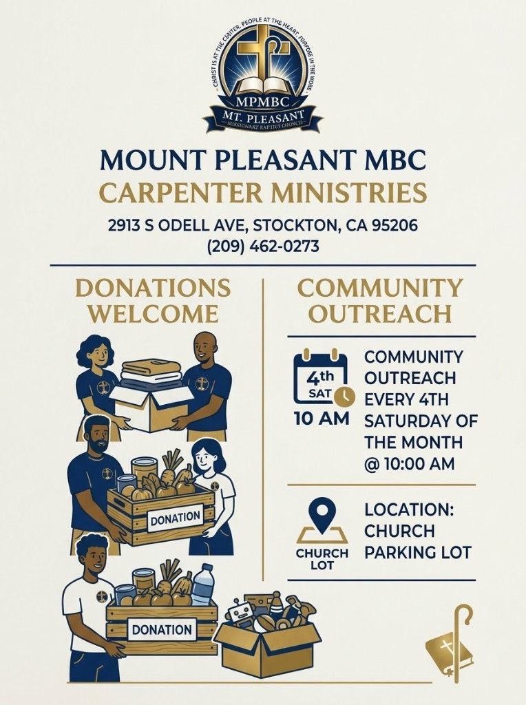 Carpenter Ministries flyer: donations welcome; community outreach every 4th Saturday at 10 AM in the church parking lot